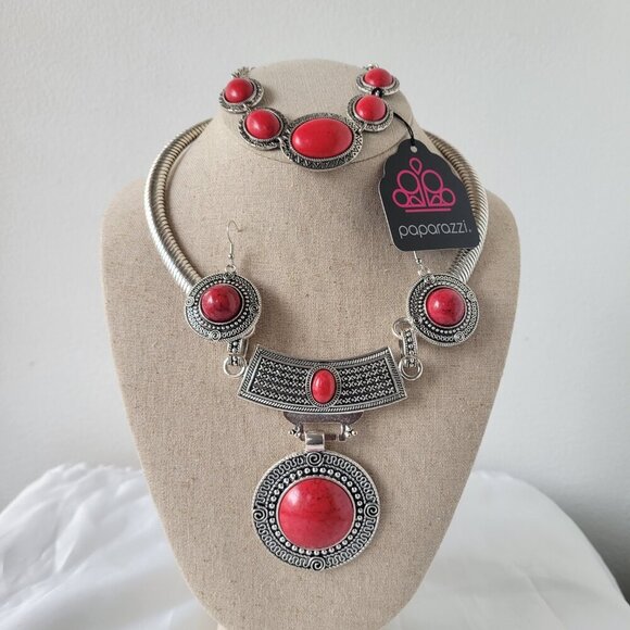 NWT - Boho Vintage Tribal Red Stone Necklace, Earrings & Bracelet Jewelry Set - Picture 8 of 12